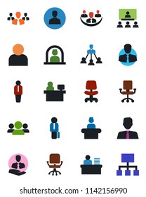 Color and black flat icon set - reception vector, manager, office chair, place, client, user, company, desk, hierarchy, estate agent, group