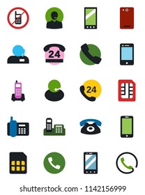 Color and black flat icon set - phone vector, no mobile, office, 24 hours, support, cell, back, call, sim