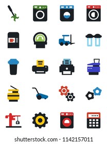 Color and black flat icon set - coffee machine vector, washer, fork loader, gear, lawn mower, ripper, tomography, printer, copier, crane, water filter, combination lock