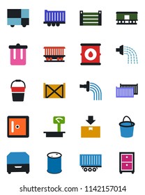 Color and black flat icon set - trash bin vector, checkroom, bucket, watering, railroad, truck trailer, cargo container, consolidated, package, oil barrel, heavy scales, archive box