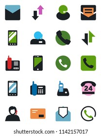 Color and black flat icon set - phone vector, mobile, office, 24 hours, support, cell, radio, mail, call, data exchange