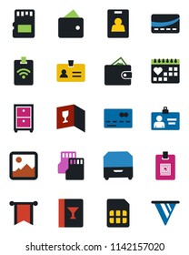 Color and black flat icon set - credit card vector, identity, medical calendar, gallery, sd, sim, archive box, wine, pass, wallet, pennon