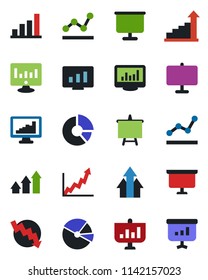 Color and black flat icon set - growth statistic vector, presentation board, crisis graph, monitor, circle chart, statistics, bar, pie, point, arrow up