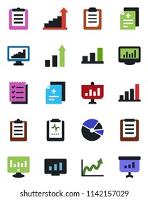 Color and black flat icon set - growth statistic vector, monitor, diagnosis, pulse clipboard, statistics, bar graph, pie, checklist, presentation