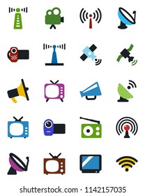 Color and black flat icon set - antenna vector, satellite, radio, loudspeaker, tv, video camera, wireless