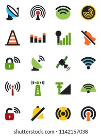 Color and black flat icon set - antenna vector, border cone, radar, satellite, equalizer, wireless, mute, cellular signal, lock