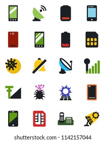 Color and black flat icon set - virus vector, satellite antenna, cell phone, low battery, mobile, back, sim, mute, cellular signal, office, sun panel