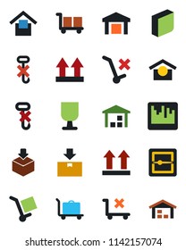 Color and black flat icon set - baggage trolley vector, fragile, cargo, warehouse storage, up side sign, no, hook, package, scanner, blank box
