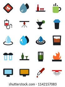 Color and black flat icon set - hot cup vector, water drop, dropper, flammable, monitor, alcohol, drink, cocktail, filter, sprinkler