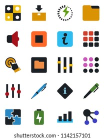 Color and black flat icon set - package vector, sorting, settings, touch screen, stop button, menu, folder, charge, application, pen, sound, information, social media