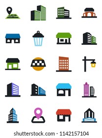 Color and black flat icon set - taxi vector, shop, office building, garden light, navigation, store, city house, cafe, storefront