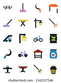 Color and black flat icon set - ladder car vector, rake, sickle, garden light, picnic table, fertilizer, bike, restaurant, alcove, outdoor lamp