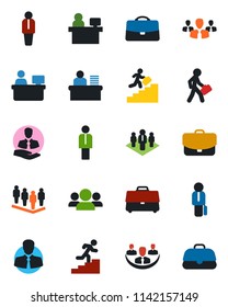 Color and black flat icon set - manager vector, team, place, client, case, company, desk, career ladder, group