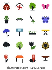 Color and black flat icon set - umbrella vector, sun, flower in pot, ripper, tree, butterfly, lady bug, seedling, rain, plant label, picnic table, tulip