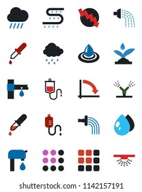 Color and black flat icon set - crisis graph vector, watering, water drop, rain, drip irrigation, dropper, menu, supply, sprinkler