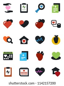 Color and black flat icon set - heart vector, pulse, diagnosis, blood pressure, diagnostic, hand, real, medical calendar, clipboard, sweet home