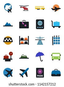 Color and black flat icon set - plane vector, runway, taxi, suitcase, baggage trolley, airport bus, umbrella, passport, helicopter, seat map, luggage storage, scales, globe, mountains, case