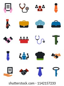 Color and black flat icon set - handshake vector, team, tie, document, stethoscope, meeting, cook hat, case