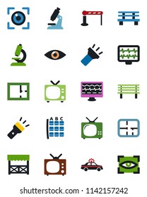 Color and black flat icon set - barrier vector, tv, alarm car, seat map, bench, monitor pulse, microscope, eye, torch, plan, alcove, scan