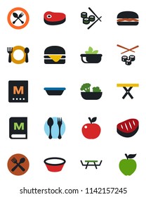 Color and black flat icon set - spoon and fork vector, picnic table, cafe, menu, salad, steak, hamburger, bowl, sushi, apple fruit