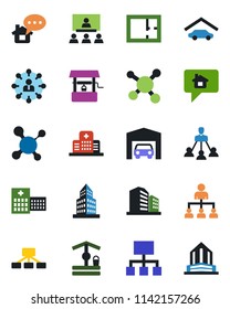 Color and black flat icon set - hierarchy vector, well, molecule, hospital, office building, garage, plan, home message