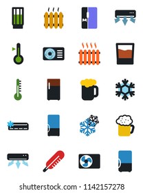 Color and black flat icon set - thermometer vector, heater, air conditioner, fridge, drink, beer, snowflake