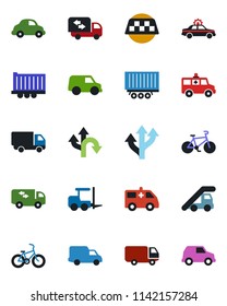 Color and black flat icon set - taxi vector, alarm car, fork loader, ladder, ambulance, bike, route, truck trailer, delivery, moving