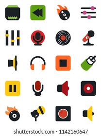 Color and black flat icon set - vinyl vector, flame disk, microphone, speaker, settings, headphones, pause button, stop, rewind, rec, rca, hdmi, tuning, record, sound