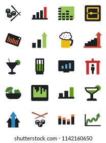 Color and black flat icon set - security gate vector, growth statistic, monitor, barcode, equalizer, scanner, bar graph, drink, cocktail, beer, salad, sushi, arrow up