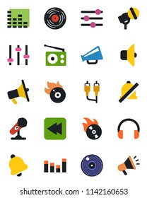 Color and black flat icon set - vinyl vector, flame disk, microphone, radio, loudspeaker, equalizer, headphones, rewind, rca, tuning, bell, mute, sound, advertising