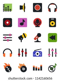Color and black flat icon set - flame disk vector, microphone, radio, speaker, settings, equalizer, headphones, rewind, rec button, tuning, record, music