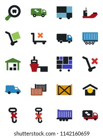 Color and black flat icon set - sea shipping vector, truck trailer, cargo container, car delivery, port, consolidated, warehouse storage, no trolley, hook, search, moving