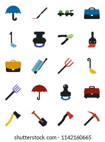 Color and black flat icon set - suitcase vector, baggage larry, job, farm fork, pruner, axe, scalpel, umbrella, themes, case, stamp, ladle, hard work