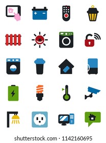 Color and black flat icon set - smart home vector, socket, wireless lock, remote control, pc, app, water filter, washer, thermometer, radiator, energy saving bulb, outdoor lamp, fridge, surveillance