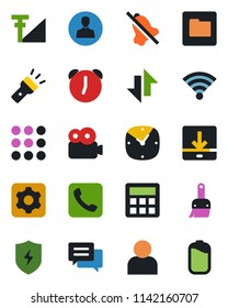 Color and black flat icon set - call vector, menu, message, protect, settings, themes, user, calculator, clock, alarm, folder, data exchange, download, wireless, torch, mute, video, cellular signal