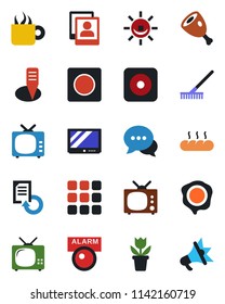 Color and black flat icon set - document reload vector, stamp, flower in pot, rake, plant label, tv, dialog, rec button, menu, record, photo gallery, coffee, bread, ham, alarm led, advertising