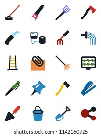 Color and black flat icon set - trowel vector, garden fork, shovel, farm, rake, ladder, bucket, watering, saw, hoe, knife, axe, monitor pulse, blood pressure, drawing pin, paper clip, pen, stapler