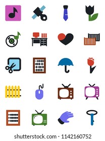 Color and black flat icon set - abacus vector, mouse, desk, fence, glove, satellite, cargo container, umbrella, tulip, tv, heart, cut, music, tie