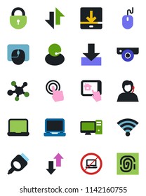 Color and black flat icon set - no laptop vector, lock, mouse, support, touch screen, pc, share, hdmi, data exchange, download, wireless, notebook, web camera, home control app, fingerprint