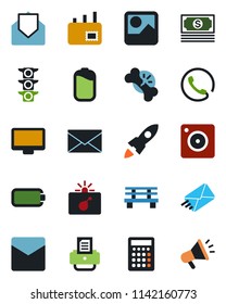 Color and black flat icon set - bomb in case vector, mail, printer, bench, broken bone, cash, traffic light, monitor, mobile camera, gallery, battery, phone, rocket, calculator, advertising