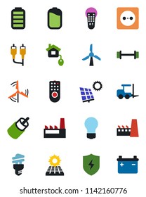 Color and black flat icon set - fork loader vector, bulb, barbell, remote control, battery, rca, protect, sun panel, windmill, factory, home, socket, energy saving