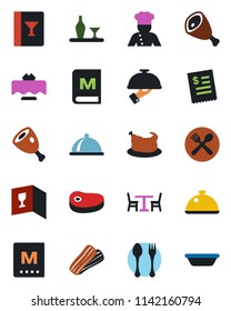 Color and black flat icon set - spoon and fork vector, cafe, cook, dish, alcohol, restaurant table, wine card, menu, bacon, waiter, receipt, chicken, steak, ham, bowl