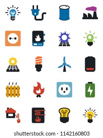 Color and black flat icon set - factory vector, fire, oil barrel, low battery, charge, sun panel, heater, home control, socket, power plug, water, bulb, energy saving, windmill, idea