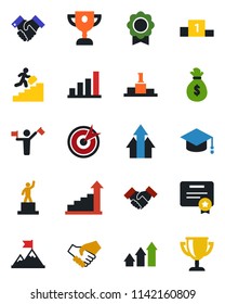 Color and black flat icon set - dispatcher vector, growth statistic, pedestal, graduate, sertificate, bar graph, handshake, career ladder, target, arrow up, motivation, money bag, certificate