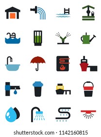 Color and black flat icon set - shower vector, watering can, bucket, water drop, well, drip irrigation, sea port, umbrella, warehouse, pool, bathroom, drink, heater, filter, sprinkler