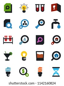 Color and black flat icon set - document search vector, bulb, blood test vial, heart diagnostic, water supply, estate, client, wine card, drink, cocktail, energy saving, consumer, money, idea