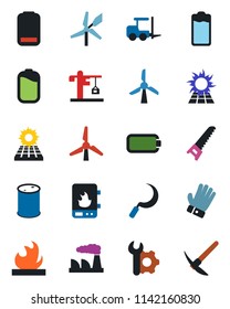 Color and black flat icon set - fork loader vector, factory, glove, saw, sickle, flammable, oil barrel, battery, low, root setup, sun panel, windmill, crane, water heater, hard work