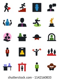 Color and black flat icon set - dispatcher vector, security gate, male, reception, manager, pedestal, place, run, client, speaker, identity card, desk, meeting, career ladder, estate agent
