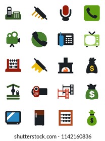 Color and black flat icon set - tv vector, abacus, money bag, well, film frame, video camera, microphone, call, office phone, fireplace, rolling pin, fridge