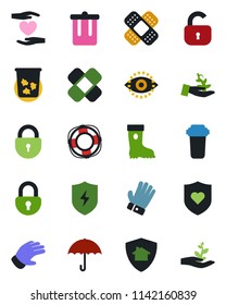 Color and black flat icon set - trash bin vector, lock, glove, boot, patch, heart shield, hand, umbrella, protect, eye id, water filter, home, palm sproute, crisis management